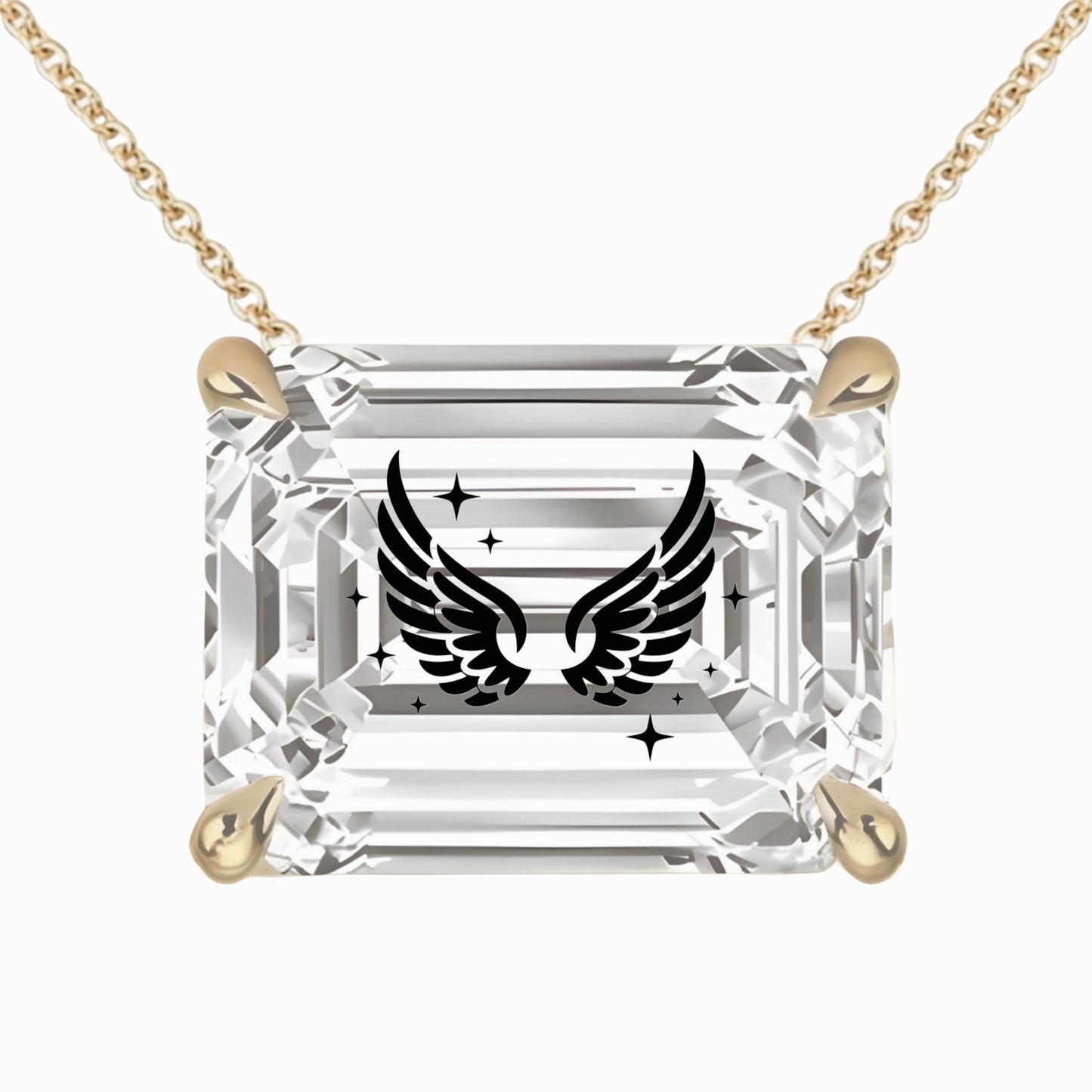 שרשרת אבן מוסונייט אמרלד מרחף חריטה כנפי מלאך וכוכבים - זהב 14 קראט צהוב/לבן/רוז גולד