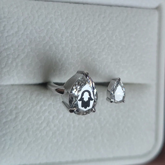 Laser Engrave Lab Grown Diamond Pears Ring Hamsa Engraved 14K Gold