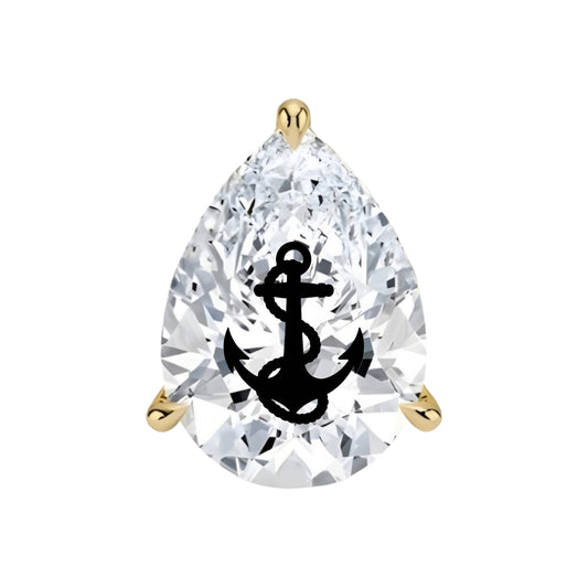 עגיל יהלום מעבדה טיפה עם חריטת לייזר עוגן – זהב 14 קראט לבן/צהוב/רוז גולד – עגיל ייחודי עם מסר מיוחד