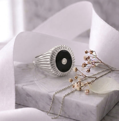 Oval Onyx Stone & Lab Grown Diamond Signet Ring 14K Yellow/White/Rose Gold
