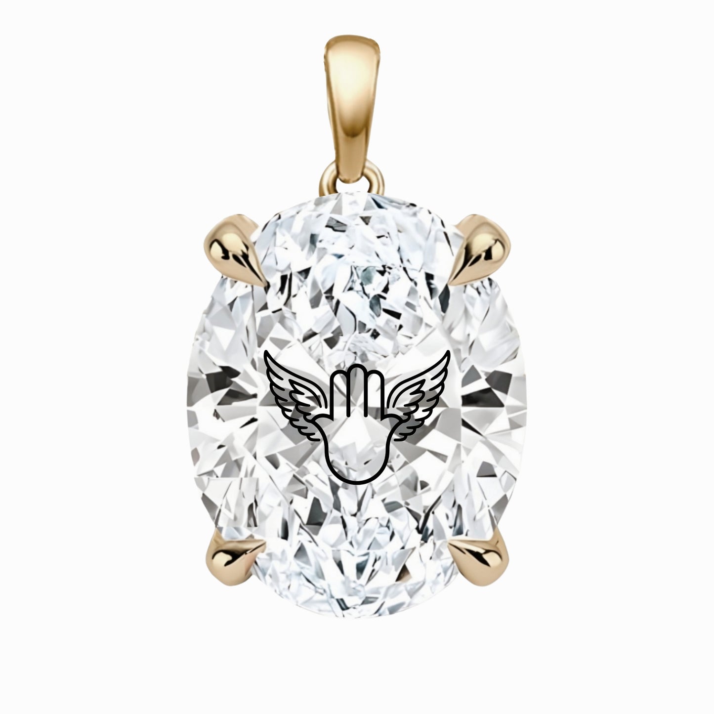 תליון אבן מוסונייט אובל עם חריטת לייזר חמסה כנפי מלאך - זהב 14 קראט צהוב/לבן/רוז גולד