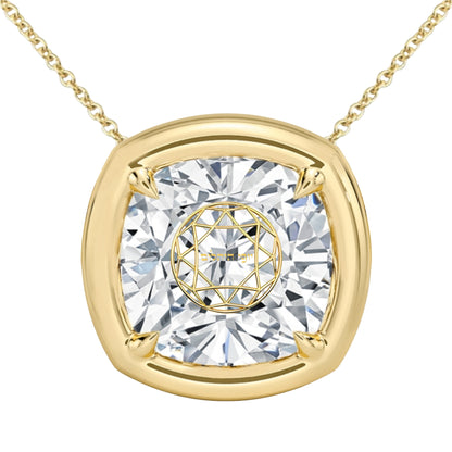 Lab Grown Diamond Cushion Bezel Prongs Pendant Necklace 14K Yellow/White/Rose Gold
