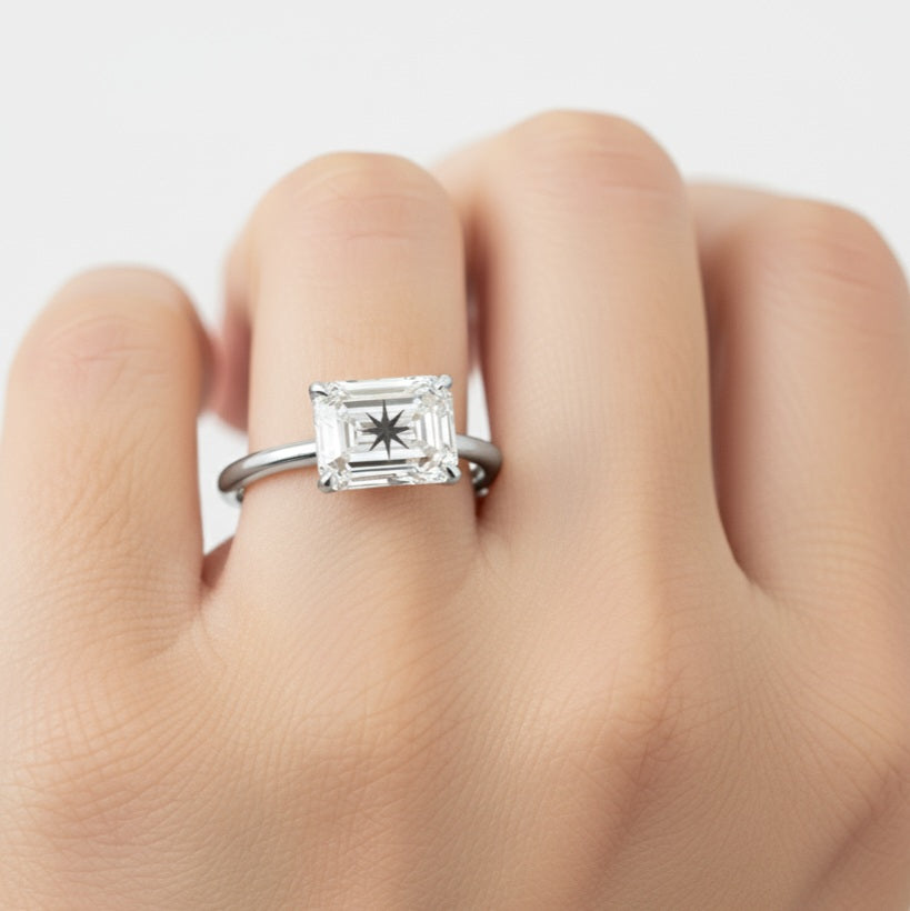 Lab Grown Diamond Emerald Ring With North Star Laser Engraved On The Diamond 14K Gold