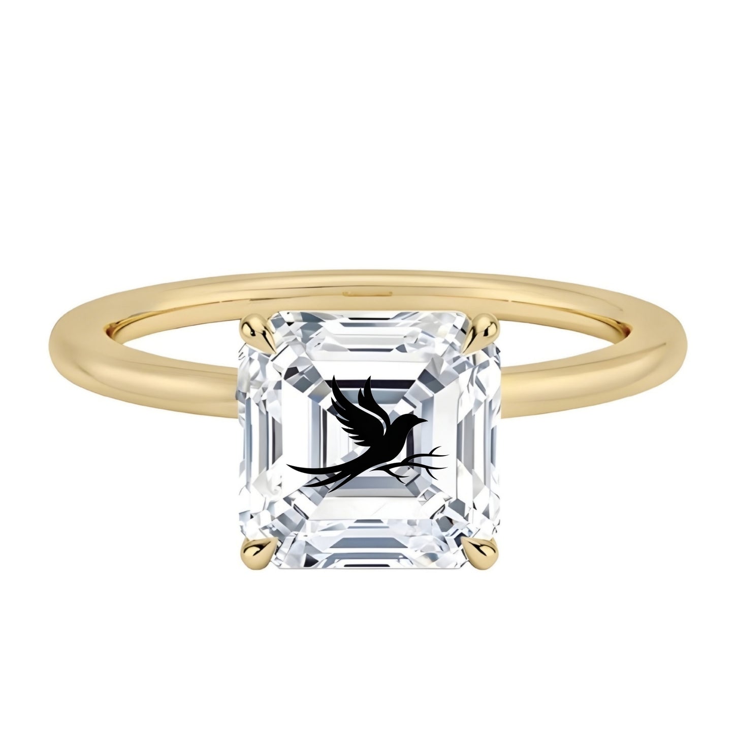 טבעת אבן מוסונייט אשר עם חריטת לייזר עורב וענף - זהב 14 קראט צהוב/לבן/רוז גולד