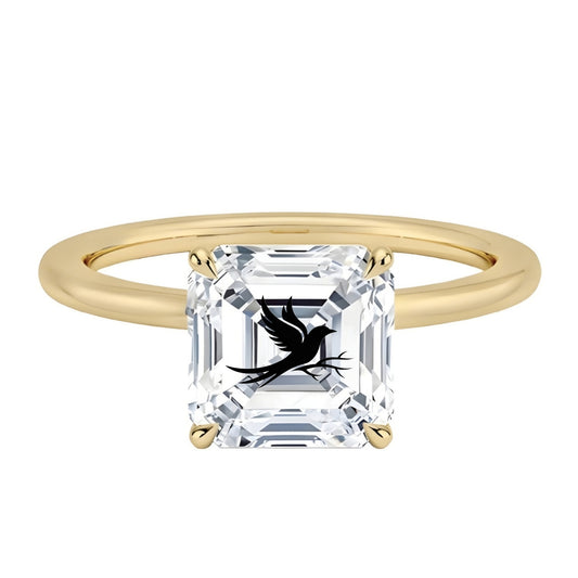 טבעת אבן מוסונייט אשר עם חריטת לייזר עורב וענף - זהב 14 קראט צהוב/לבן/רוז גולד