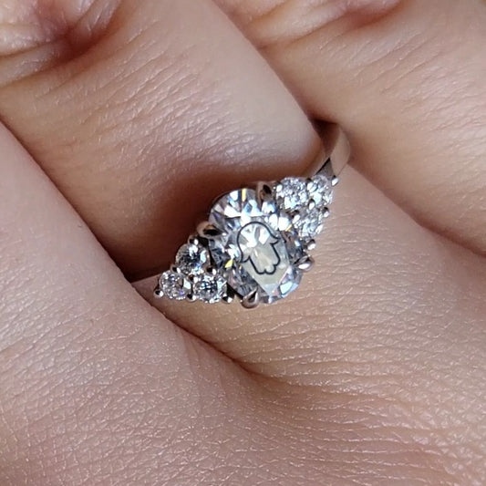 Moissanite Oval Ring With Hamsa Laser Engraved Onto Center Of Moissanite Silver 925
