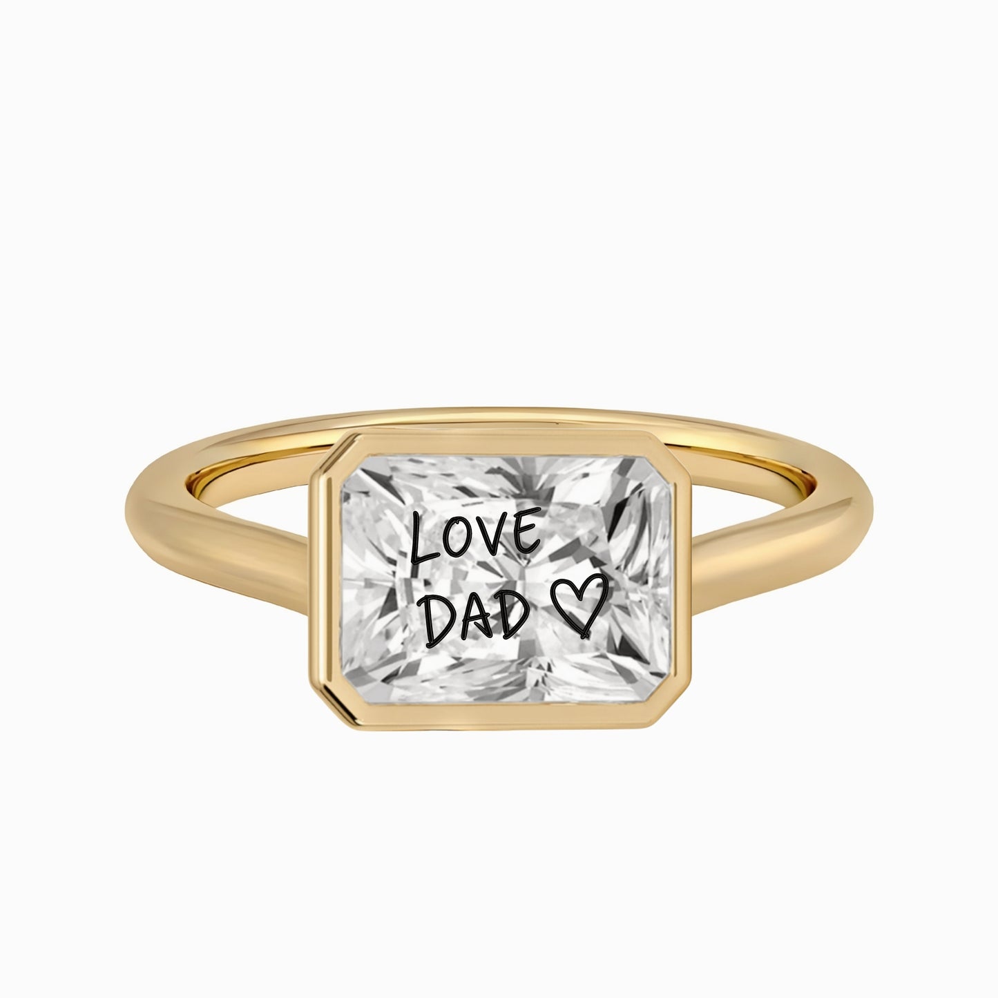 Laser Engrave Onto A Center Of Moissanite Stone Radiant Bezel Signet Ring Personalized Handwriting Engraved 14K Gold