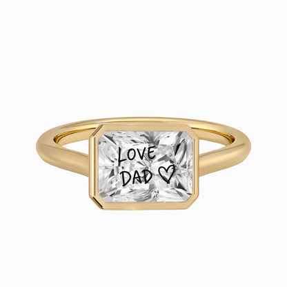 Laser Engrave Onto A Center Of Moissanite Stone Radiant Bezel Signet Ring Personalized Handwriting Engraved 14K Gold