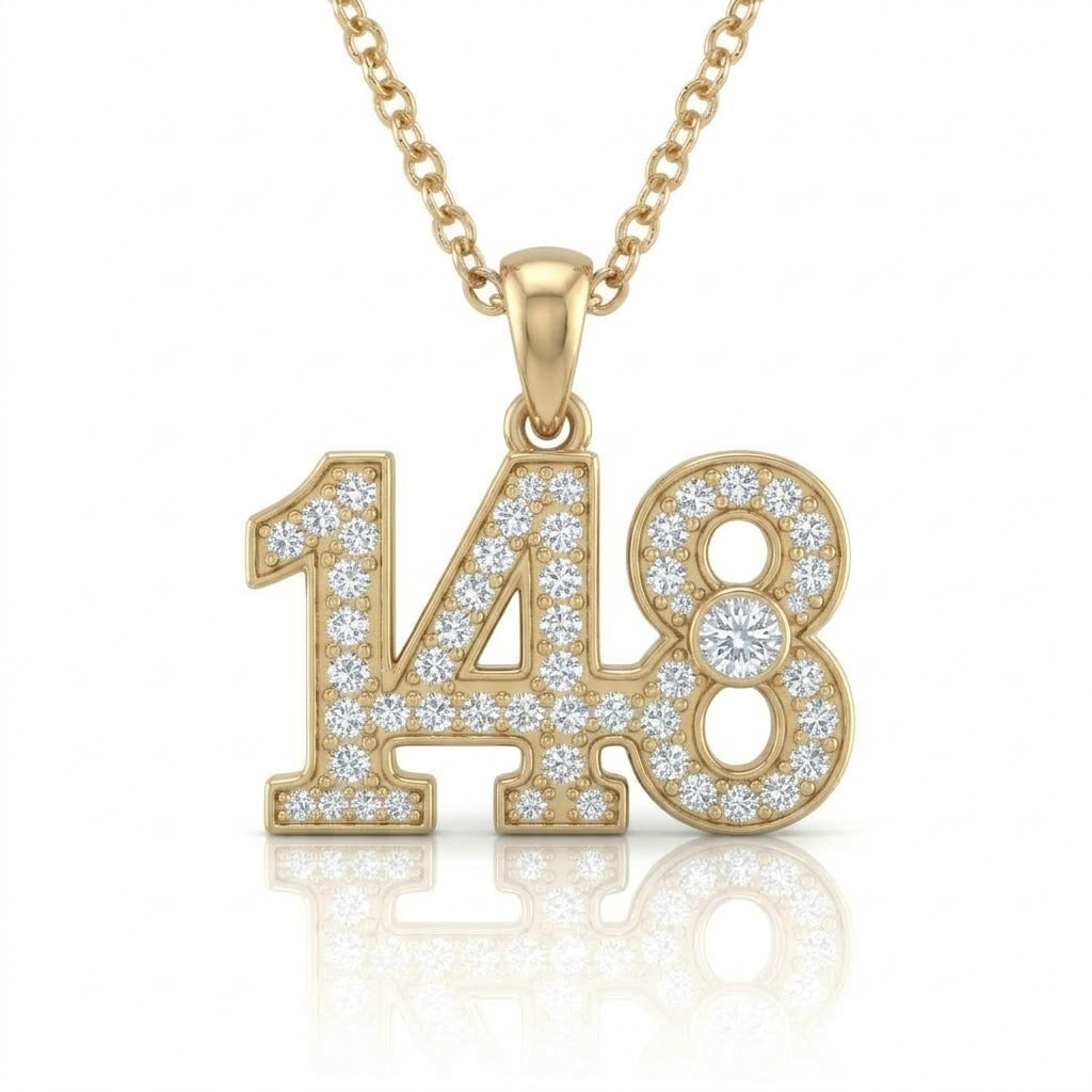 שרשרת תליון מספר 148 גימטריה של רבי נחמן מברסלב בשיבוץ יהלומי מעבדה זהב 14 קראט צהוב/לבן/רוז גולד