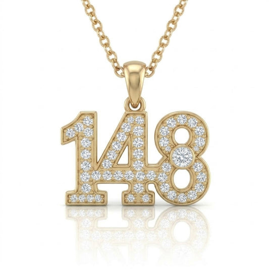 שרשרת תליון מספר 148 גימטריה של רבי נחמן מברסלב בשיבוץ יהלומי מעבדה זהב 14 קראט צהוב/לבן/רוז גולד