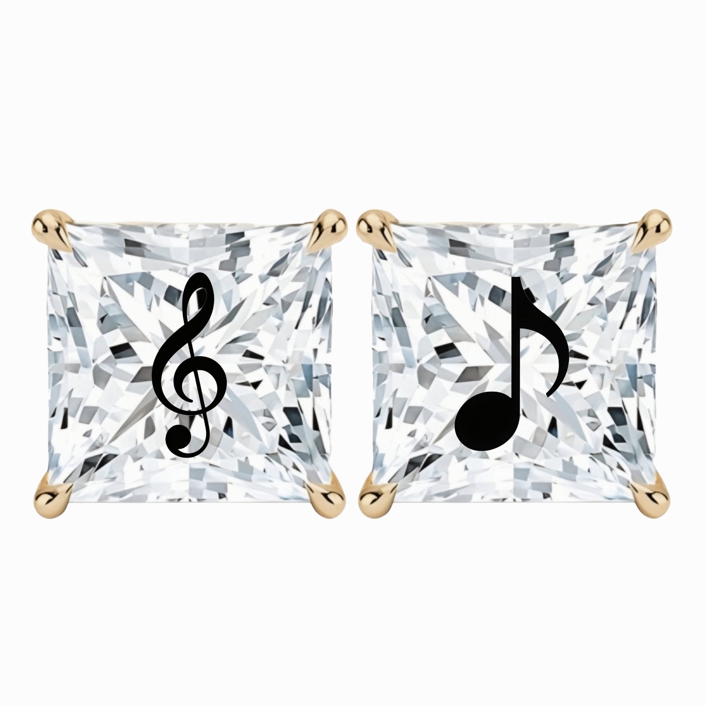 Lab Grown Diamond Princess Earrings With Music Notes Laser Engraved On The Diamond 14K Gold