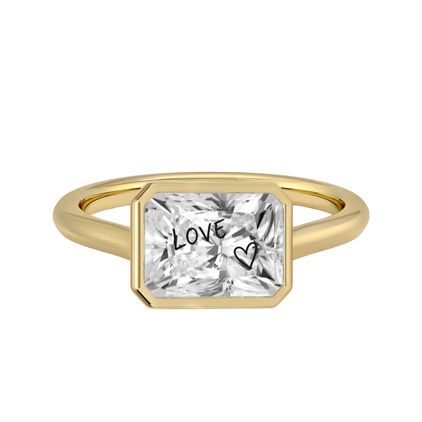 Laser Engrave Onto A Center Of Moissanite Stone Radiant Bezel Signet Ring Personalized Handwriting Engraved 14K Gold