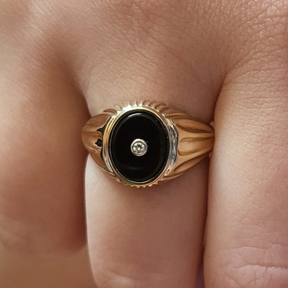 Onyx Stone & Lab Grown Diamond Signet Ring 14K Yellow/White/Rose Gold