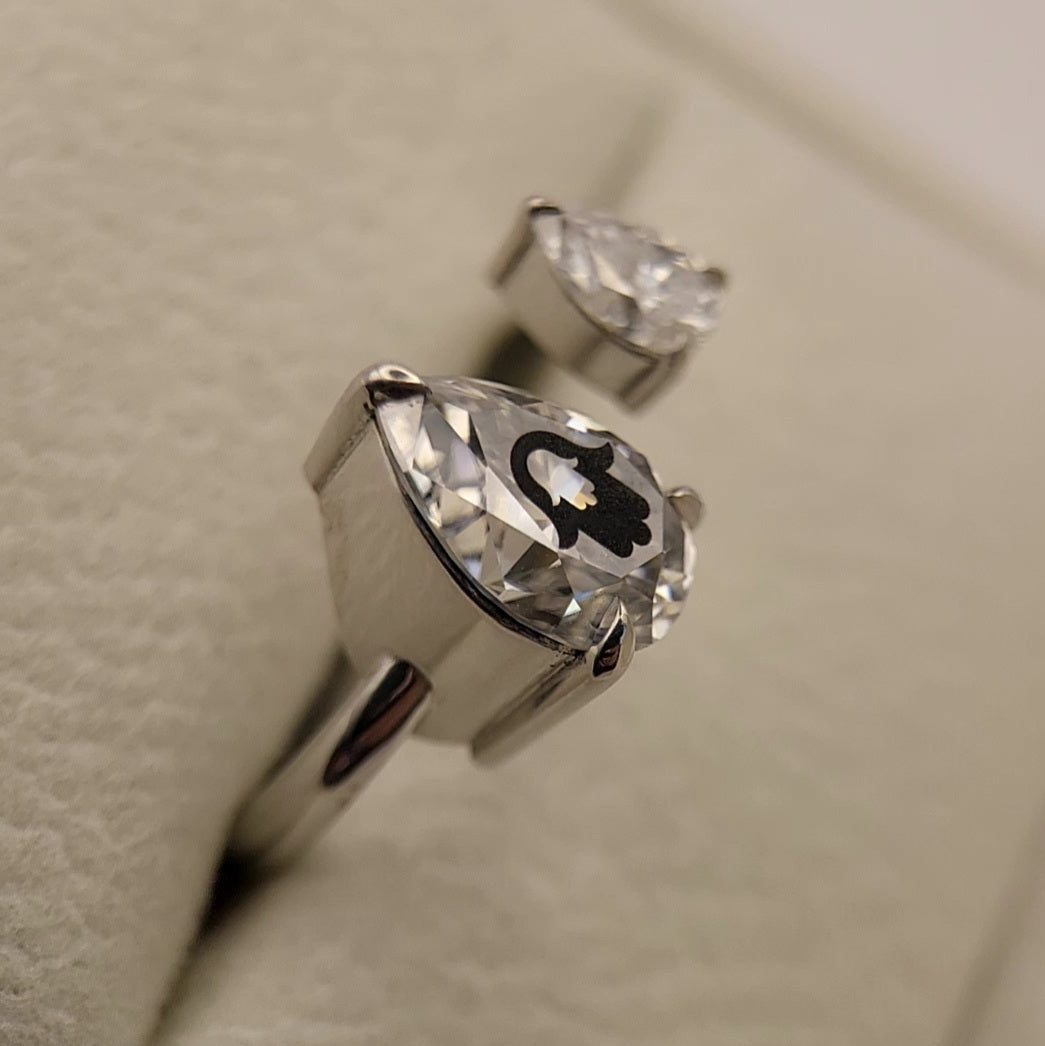 Laser Engrave Onto Center Of Lab Grown Diamond Pears Ring Hamsa Engraved 14K Gold