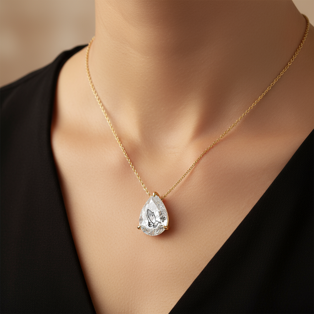 Lab Grown Diamond Pear Necklace With Praying Hands Laser Engraved On The Diamond