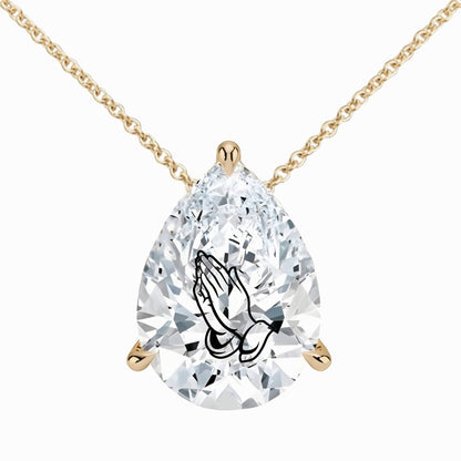 Lab Grown Diamond Pear Necklace With Praying Hands Laser Engraved On The Diamond