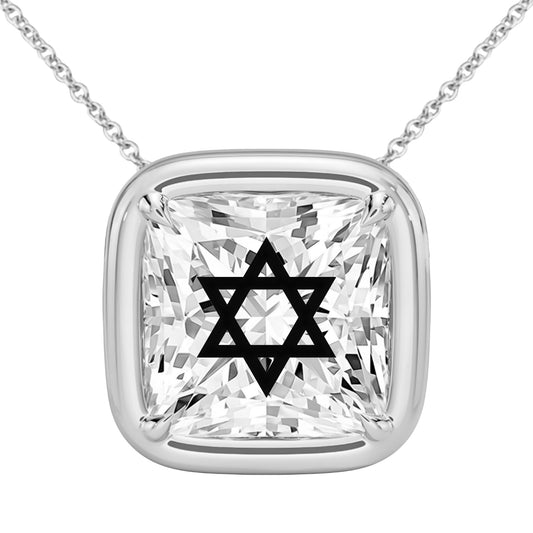 שרשרת אבן מוסונייט פרינסס מרחפת עם חריטת לייזר מגן דוד - שיבוץ בזל ציפורני חתול כסף 925