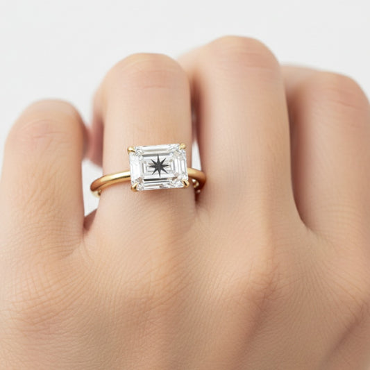 Lab Grown Diamond Emerald Ring With North Star Laser Engraved On The Diamond 14K Gold