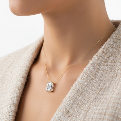 Lab Grown Diamond Emerald Necklace With Praying Hands Laser Engraved On The Diamond